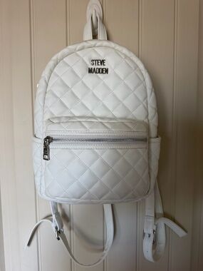 Steve Madden White Quilted Mini Backpack with Front Zip Pocket